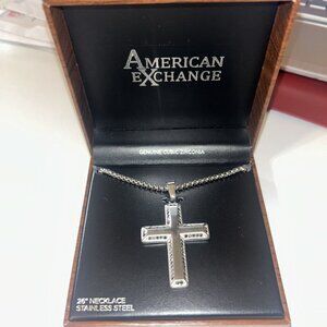 American Exchange Men's 26’ Stainless Steel Cross With Genuine Cubic Zirconia